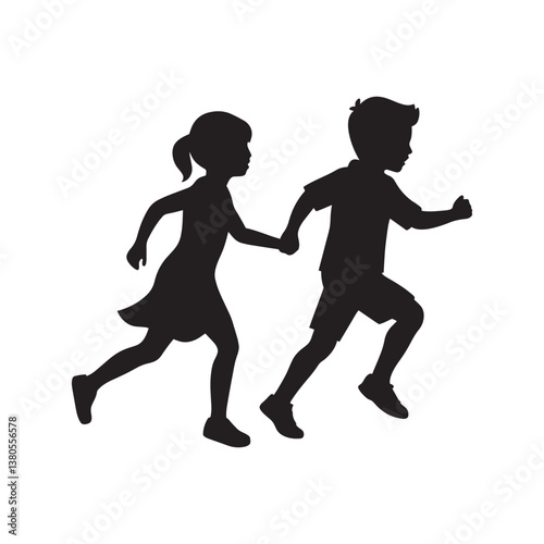 Boy and Girl Running Holding Hands Silhouette Vector
