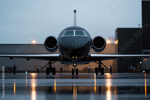 Sleek jet on tarmac, illuminated by soft lights, showcasing mode