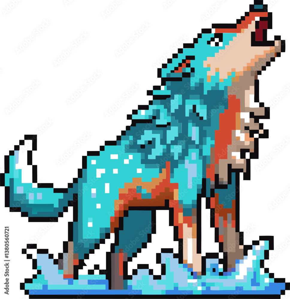 Fototapeta premium pixel art howling wolf vibrant retro animal with waves.