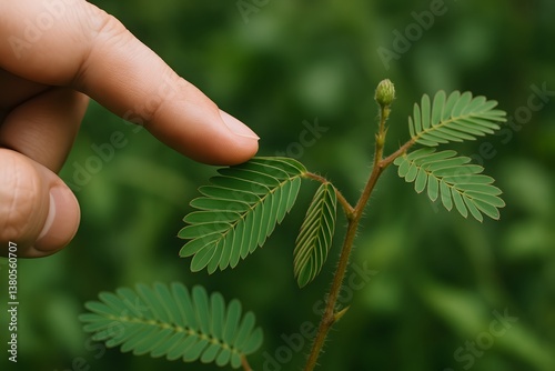 A hand gently touches a sensitive plant's leaves.