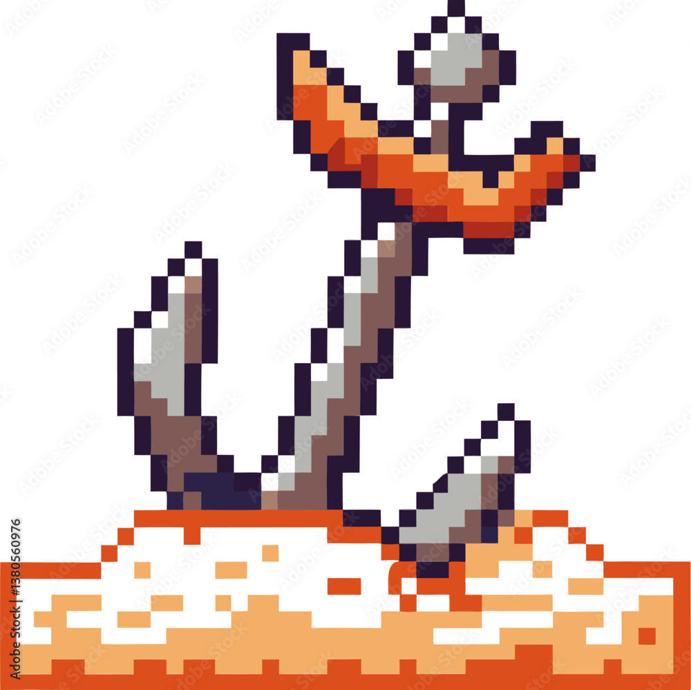 Fototapeta premium pixel art anchor on sandy beach retro gaming graphic, nautical theme with 8 bit design.