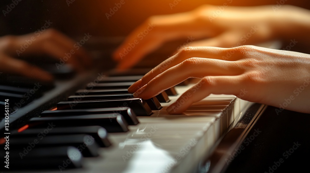 Hands playing piano keys, concert hall, spotlight Hands playing piano keys, concert hall, spotlight