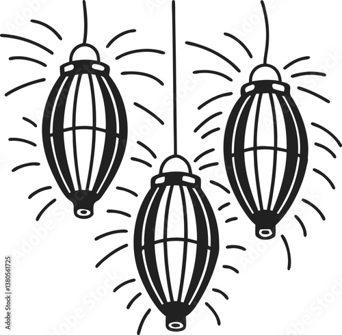 black and white hand drawn hanging lanterns with glowing light bursts festive decorative lighting design.
