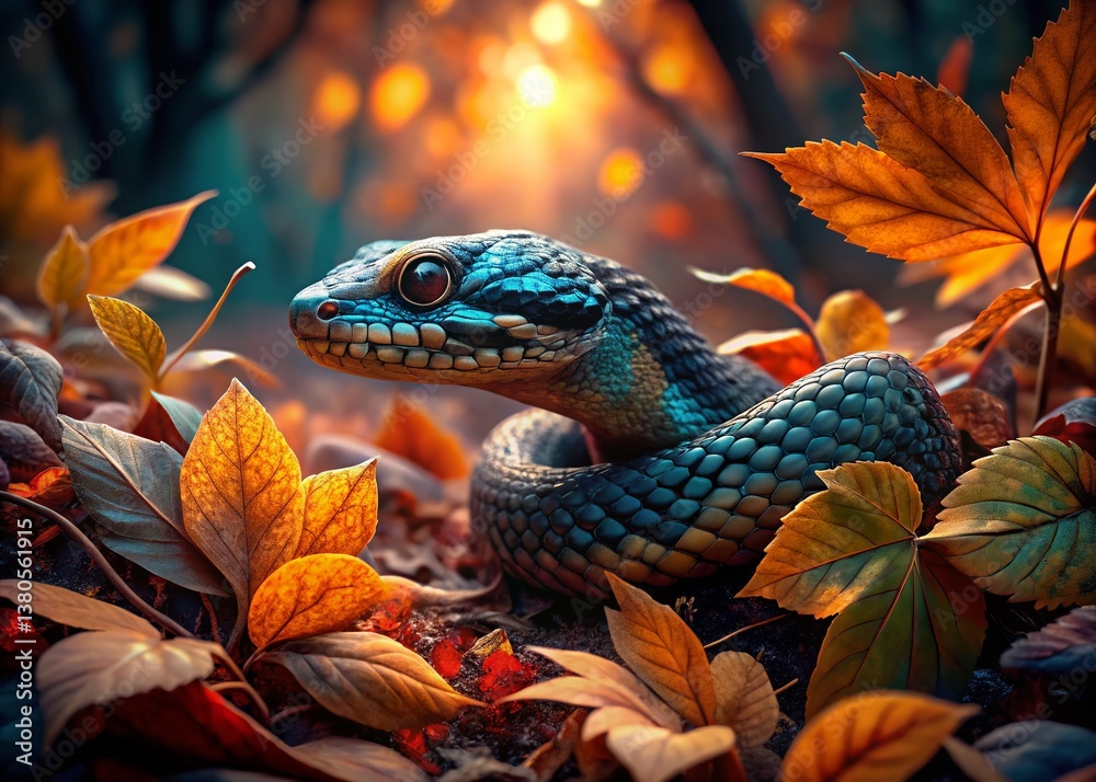 Obraz premium Serpentine Shadow: A Snake Hidden Amongst Autumn Woods Leaves
