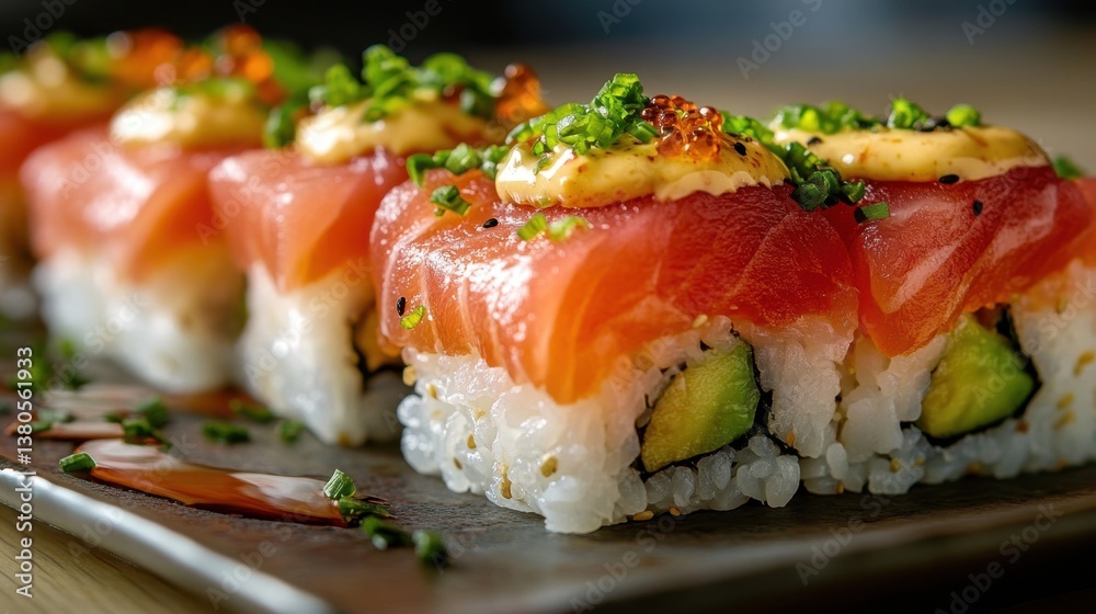 Delicious Sushi Rolls with Avocado, Salmon, and Drizzled Soy Sauce Delicious Sushi Rolls with Avocado, Salmon, and Drizzled Soy Sauce
