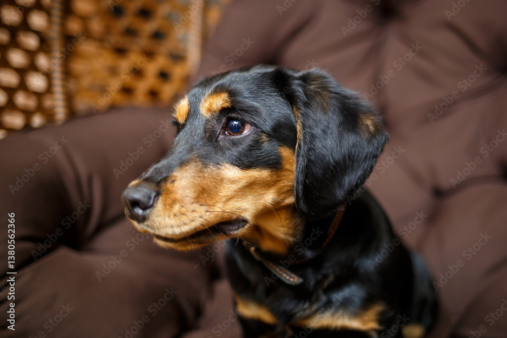 An adorable Black and Tan dog is comfortably relaxing on a warm brown couch, showcasing its charming personality and cute expression while embodying the essence of furry companionship at home