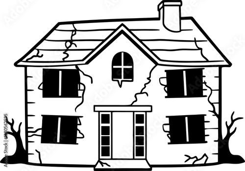 Abandoned haunted house illustration spooky old building with broken windows and trees.