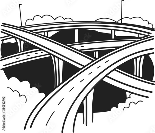 Intricate highway overpass intersecting roads in monochrome illustration.