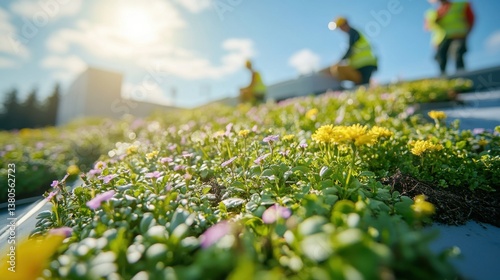 Eco-Friendly Roofers Installing Sustainable Green Roof with Blooming Flowers