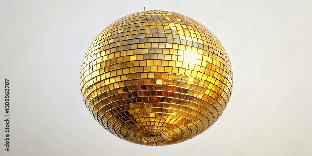Obraz premium Shimmering Gold Disco Ball on White Background - Aerial View Stock Photo