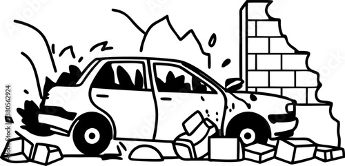 Car crashing into a brick wall vehicle impact, destruction, safety accident illustration.
