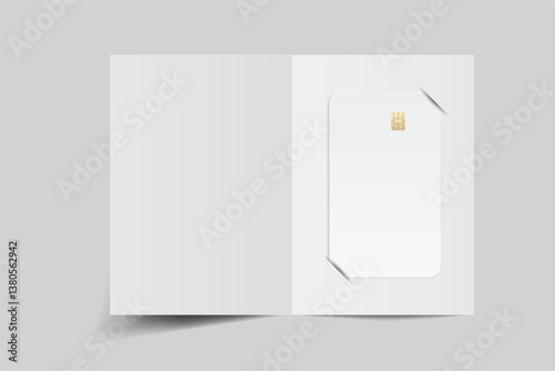3D Realistic plastic credit card and pocket folder, open leaflet, bifold mockup isolated on background. Blank template design for online business and finance, technology payment, digital pay concept.
