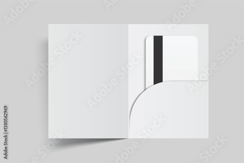 3D Realistic plastic hotel apartment keycard and pocket Folder, open leaflet, bifold mockup isolated on background. Blank template  for hotel key card, credit card, notecards, postcard, invitation
