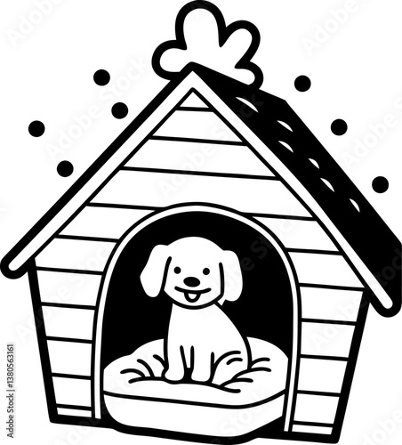 Happy dog sitting in cozy doghouse with comfy cushion, simple black and white illustration.