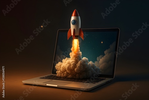 Realistic 3D-style rocket launching from a laptop screen with smoke and fire plumes under warm dramatic lighting

