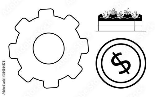 Gear symbolizes industry, coin represents economy, and crop field signifies agriculture. Ideal for business models, economic growth, sustainability, automation, finance, farming flat simple metaphor