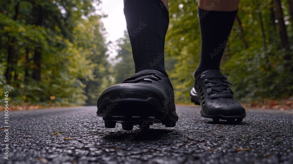Runner in Black Cleats on a Forest Road Surrounded by Greenery Runner in Black Cleats on a Forest Road Surrounded by Greenery