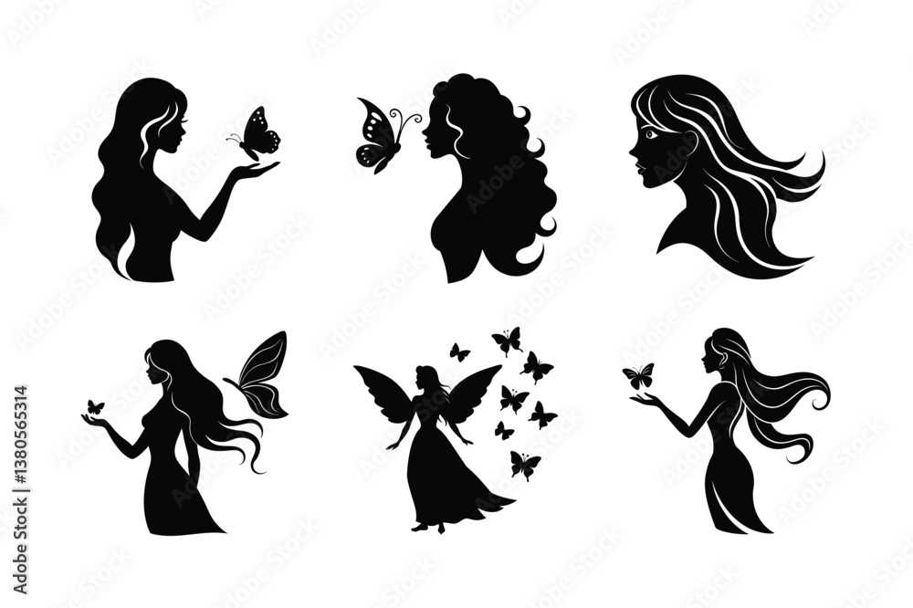 Black and white silhouette illustrations of women and butterflies Black and white silhouette illustrations of women and butterflies