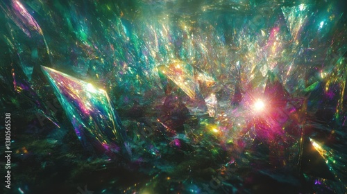 Luminous holographic shards shimmering in an abstract landscape, a dreamy atmosphere