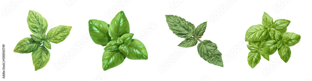 Fototapeta premium Fresh Basil Leaves Collection Culinary Herb Close Up Shots for Recipes and Food Blogs