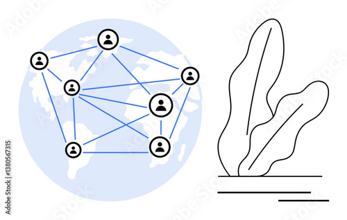 Networked human icons linked over world map symbolizing communication, teamwork, connectivity, collaboration. Adjacent minimal botanical line art. Ideal for technology, global reach, education