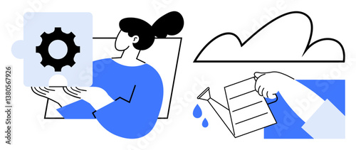 Woman holding puzzle with gear, symbolizing problem-solving. Hand pouring water represents growth. Cloud signifies potential. Ideal for teamwork, innovation, productivity, creativity, collaboration