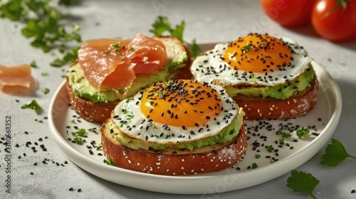 Two pieces of whole grain toast topped with slices of avocado