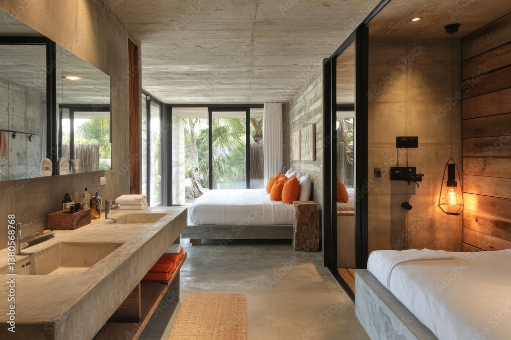 Fototapeta premium Luxurious modern bedroom and bathroom in a concrete structure