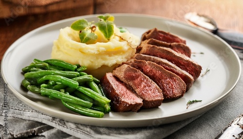 elegant dish of sliced sirloin tip roast mashed potatoes and green beans finished with a fresh herb garnish