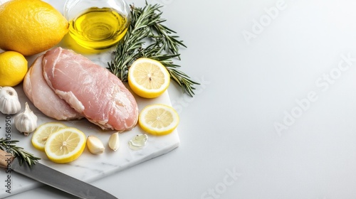 Fresh chicken breast surrounded by vibrant lemons and herbs on c