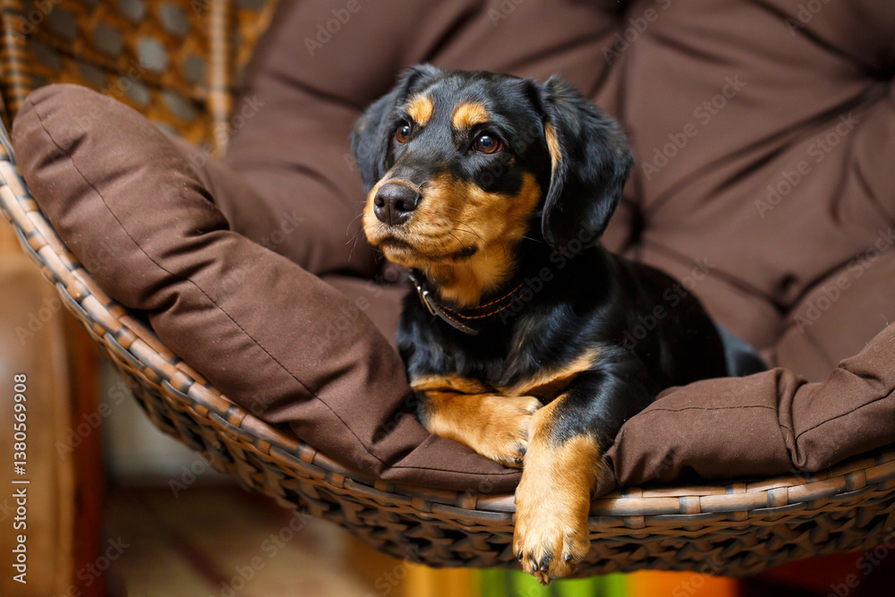 A charming and adorable dog is seen relaxing comfortably in a cozy hanging chair, enjoying a moment of peace and leisure in its indoor shelter, radiating happiness and companionship