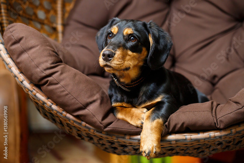 A charming and adorable dog is seen relaxing comfortably in a cozy hanging chair, enjoying a moment of peace and leisure in its indoor shelter, radiating happiness and companionship