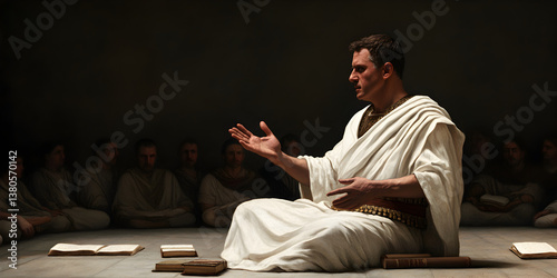 A Roman poet reciting verses to a small audience, with scrolls and books on the floor around him.

 photo