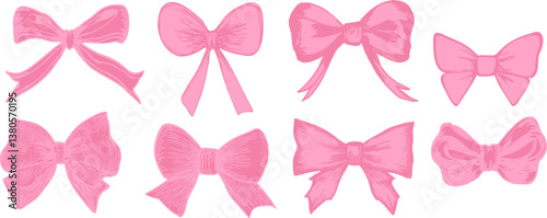 Set of pink flirty vintage satin bows.Y2k aesthetic ribbon, elegant accessory, pastel tie isolated on white background.
