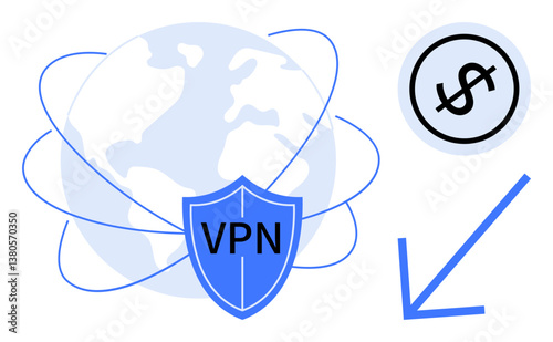 Blue shield labeled VPN over globe with orbiting lines, dollar symbol, and downward arrow indicating lower costs. Ideal for cybersecurity, internet privacy, cost savings, network security, online