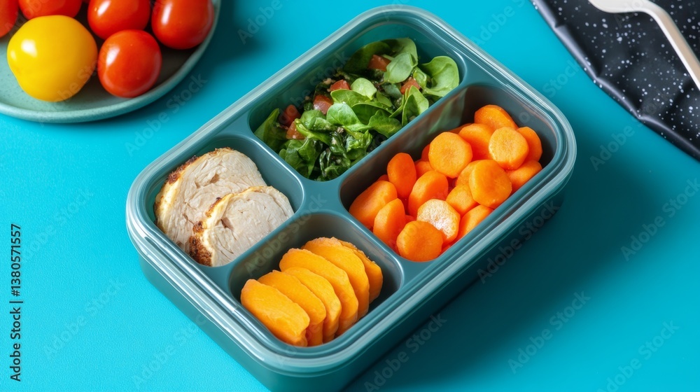 A lunch box designed for portion control, featuring balanced servings of lean protein, carbs, and healthy fats, A lunch box designed for portion control, featuring balanced servings of lean protein, carbs, and healthy fats,