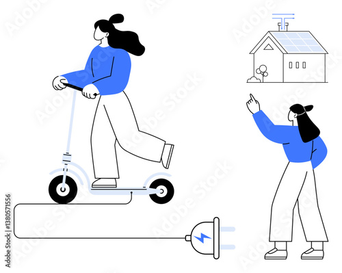 Woman riding electric scooter, large plug connecting to home with solar panels, another figure admiring setup. Ideal for renewable energy, sustainability, eco-living, mobility, innovation, green