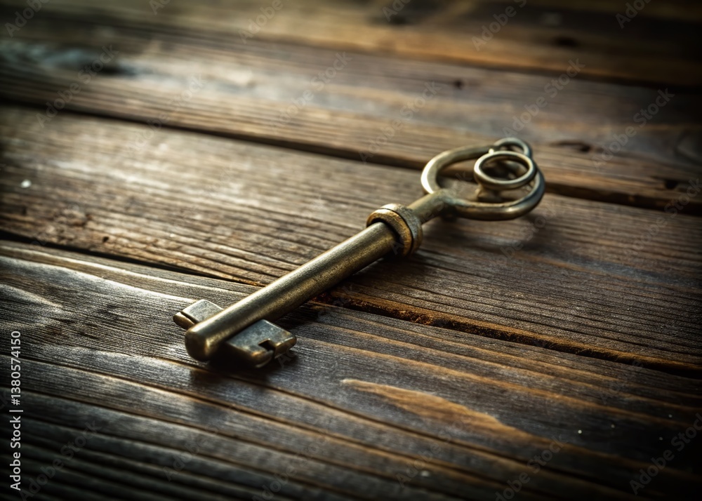 Silver Key on Rustic Wood: Past Meets Future - Stock Photo Silver Key on Rustic Wood: Past Meets Future - Stock Photo