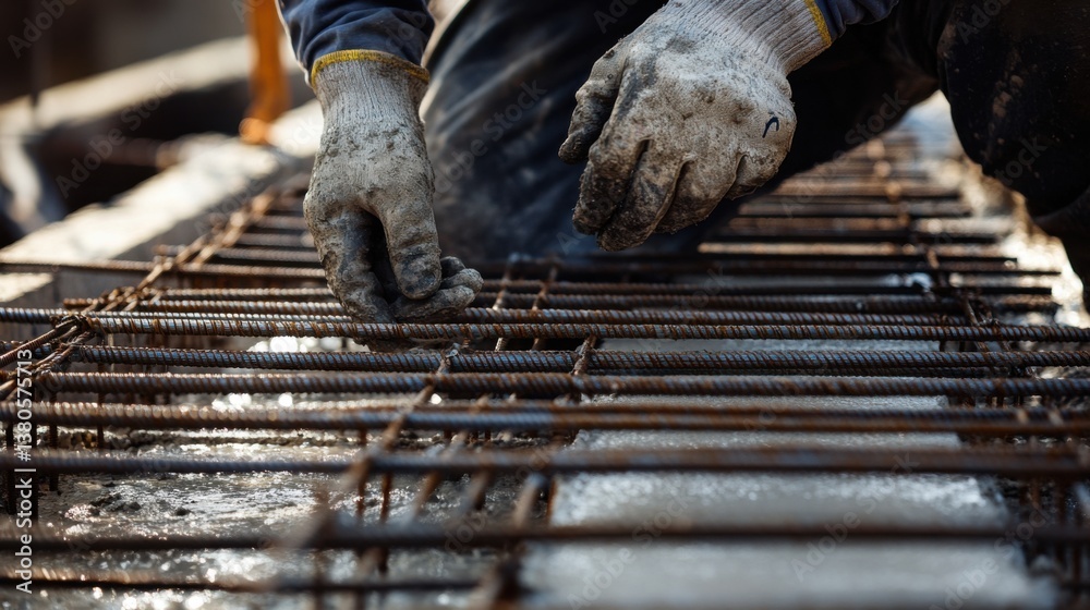 A construction worker securing metal reinforcement in concrete. Featuring accuracy and coordination A construction worker securing metal reinforcement in concrete. Featuring accuracy and coordination