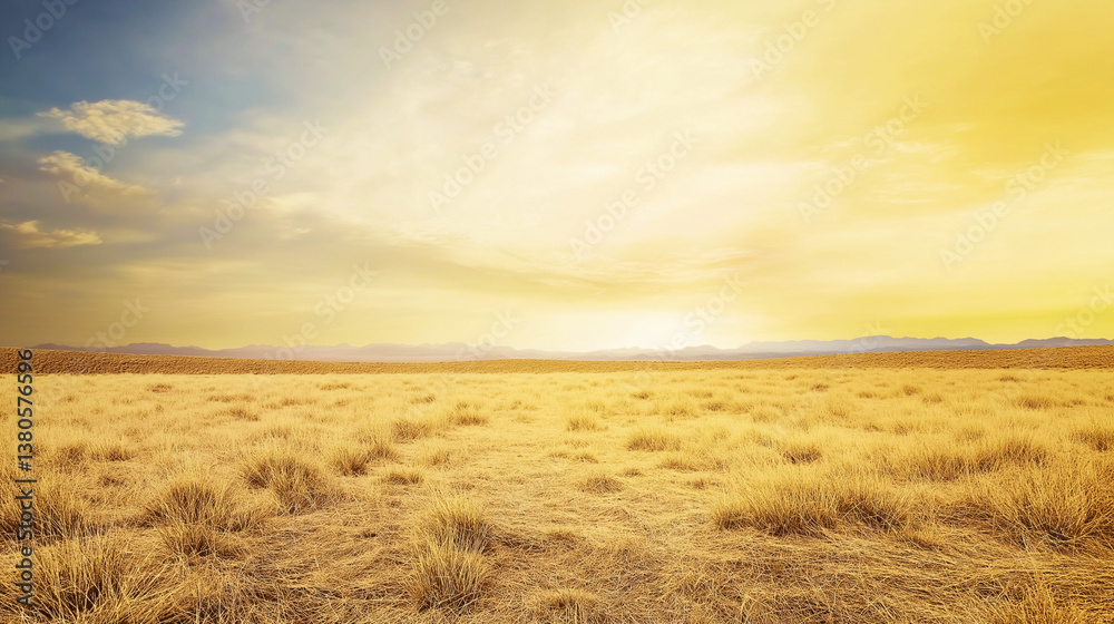 Fototapeta premium Golden dry grass field at sunset with distant mountains for environmental documentaries, climate change awareness, and natural landscape backgrounds