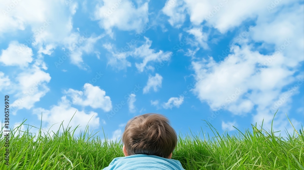 Baby Lying on Green Grass Gazing at Blue Sky with Soft Clouds Above in Bright Sunny Day Baby Lying on Green Grass Gazing at Blue Sky with Soft Clouds Above in Bright Sunny Day