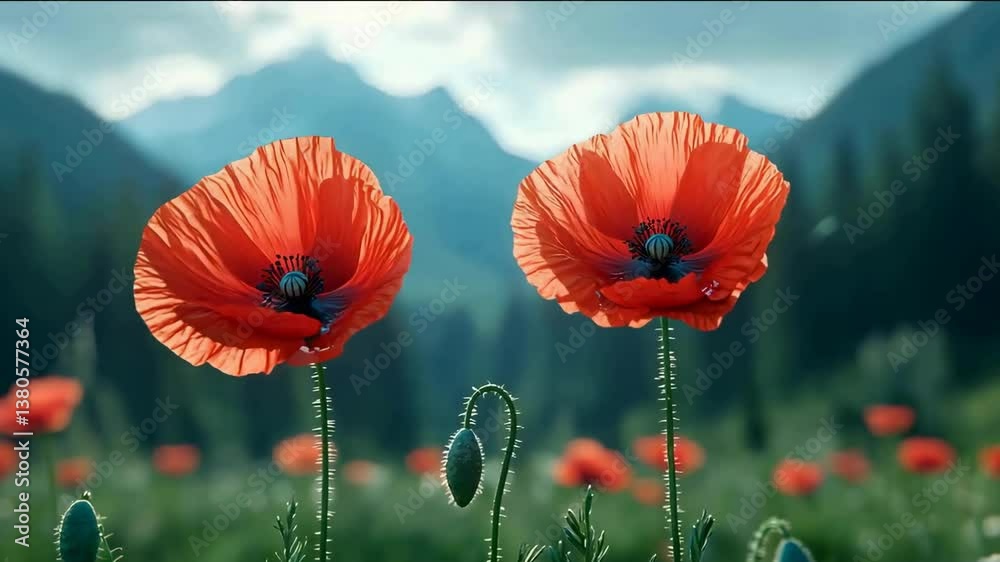 two large red poppies swaying in the wind with black and white centers. They are against the background of mountains and a blurred green field