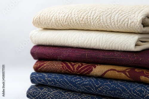 Soft, textured fabrics stacked neatly, showcasing rich colors an