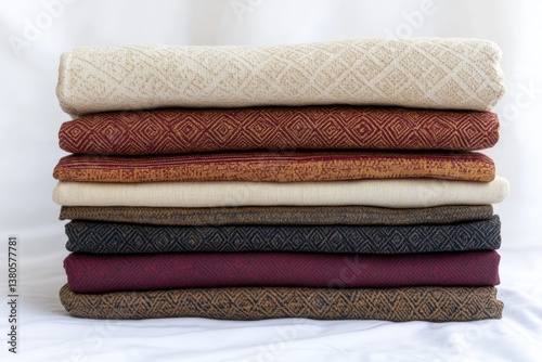 Stacked textiles showcase rich colors and intricate patterns, hi