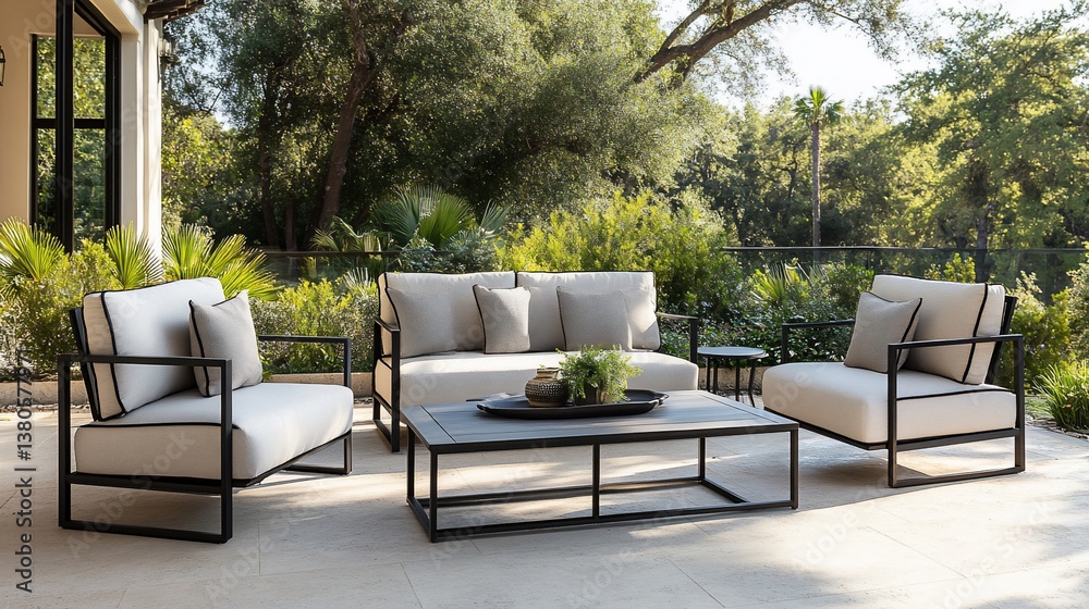 Obraz premium Modern patio furniture set, outdoor luxury living, backyard relaxation, sunny day
