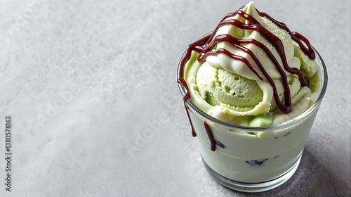 Pistachio Gelato with Chocolate Drizzle Copy Space at the Bottom Optimized for Photo Use Avoid Trademarked Terms, Specific Names, or Unnecessary Words.