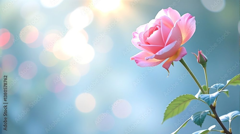 Obraz premium Imagine a breathtaking scene where a delicate soft pink rose blooms gracefully in a tranquil garden, bathed in the gentle embrace of morning light, The garden is a sanctuary of peace and beauty