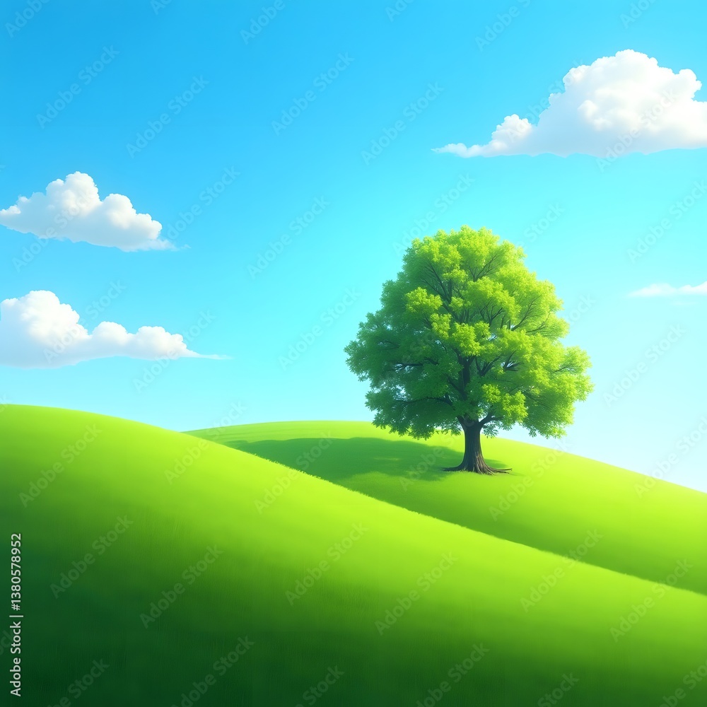 Fototapeta premium Lonely tree in a green field under a blue sky