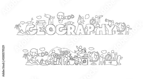 Doodle banners of geography, school science education. Sketch banner and icons of world travel with map, compass, globe and people on train, airplane and car, vector hand drawn illustration