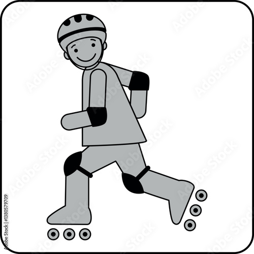 Boy with helmet on inline skates – black and grey flat pictogram in side view – childhood, motion, safety, outdoor activity